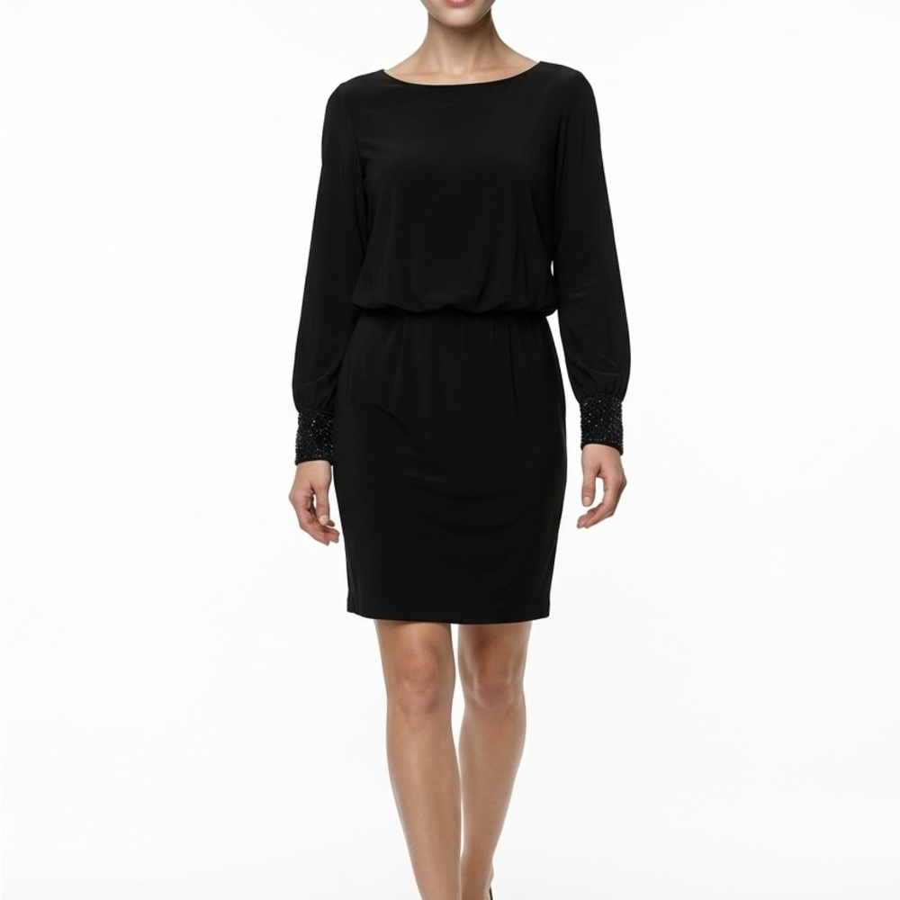 Xscape Black Long-Sleeve Beaded Cuff Blouson Dress-NWT